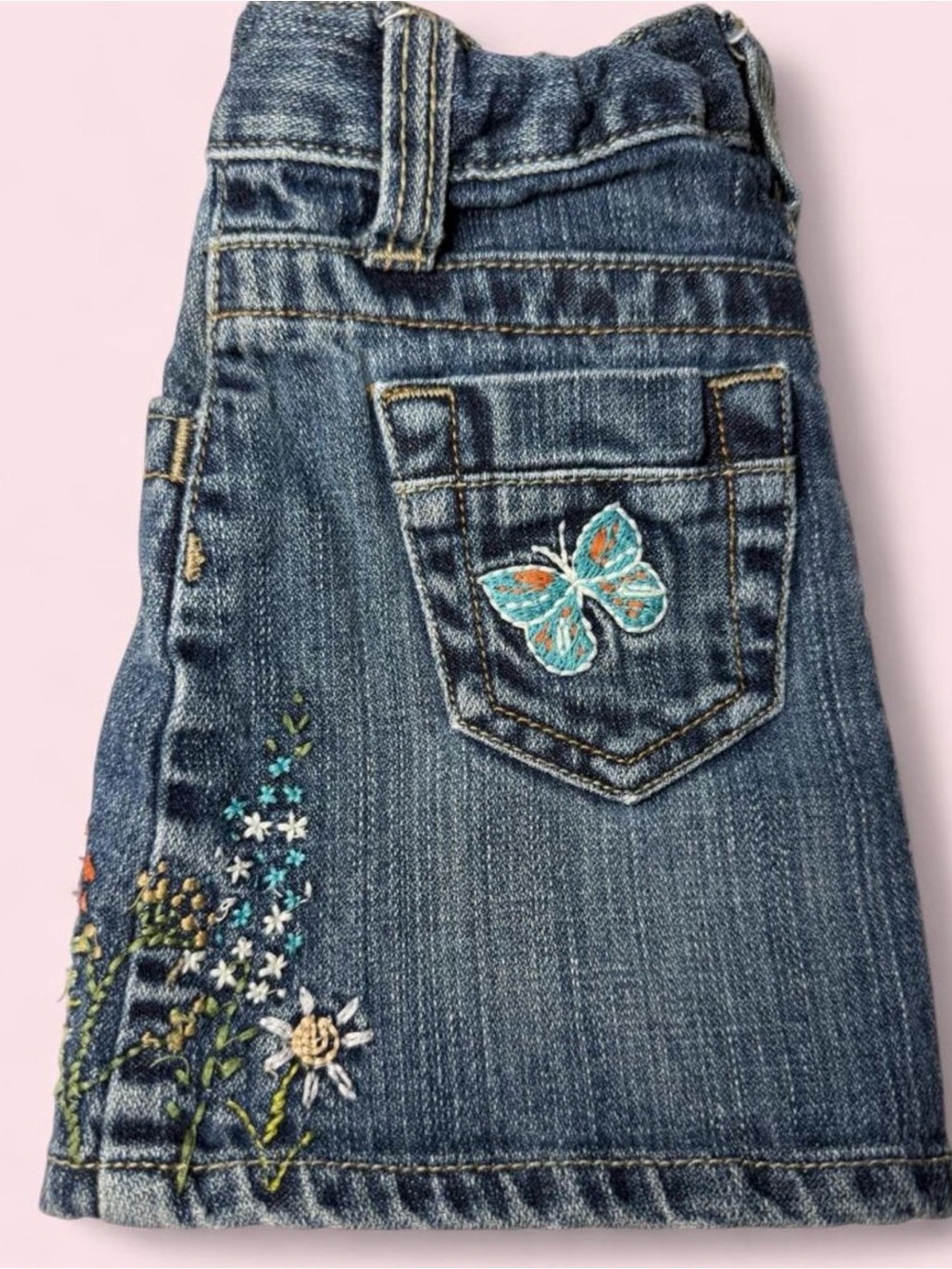 GAP Girls Blue Embroidered Denim Skirt with Butterfly Patch